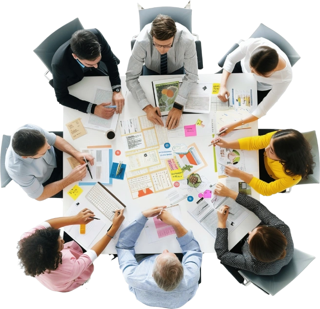 Business professionals collaborating in a modern office meeting room, discussing digital transformation strategies